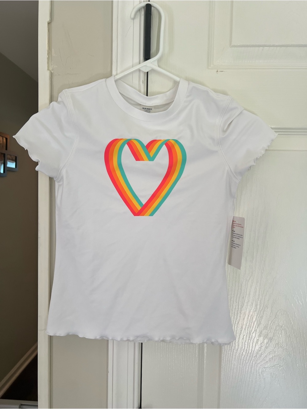Old Navy Swim SPF White Short Sleeve Tee with Rainbow Heart Stripe Graphic NWT